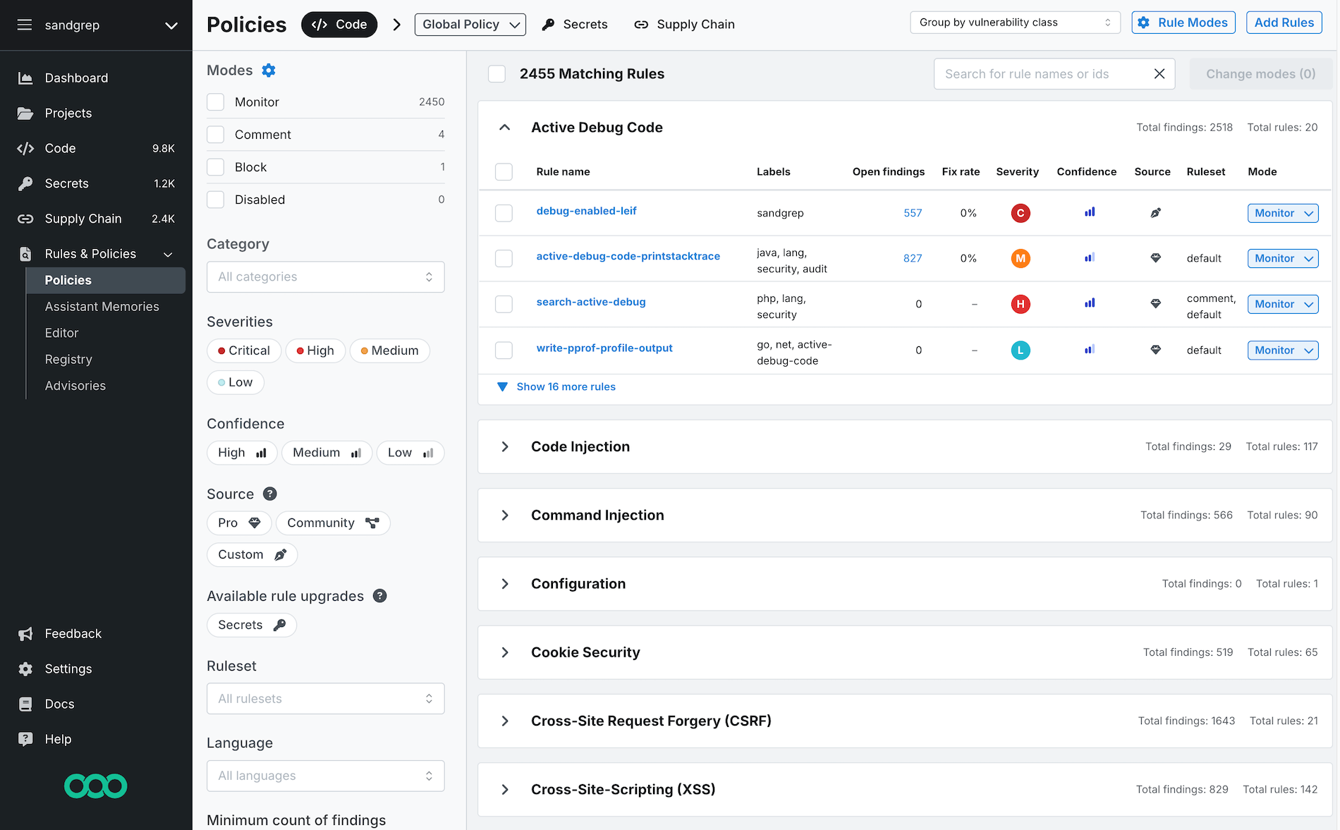 Screenshot of the default state of the Policies page