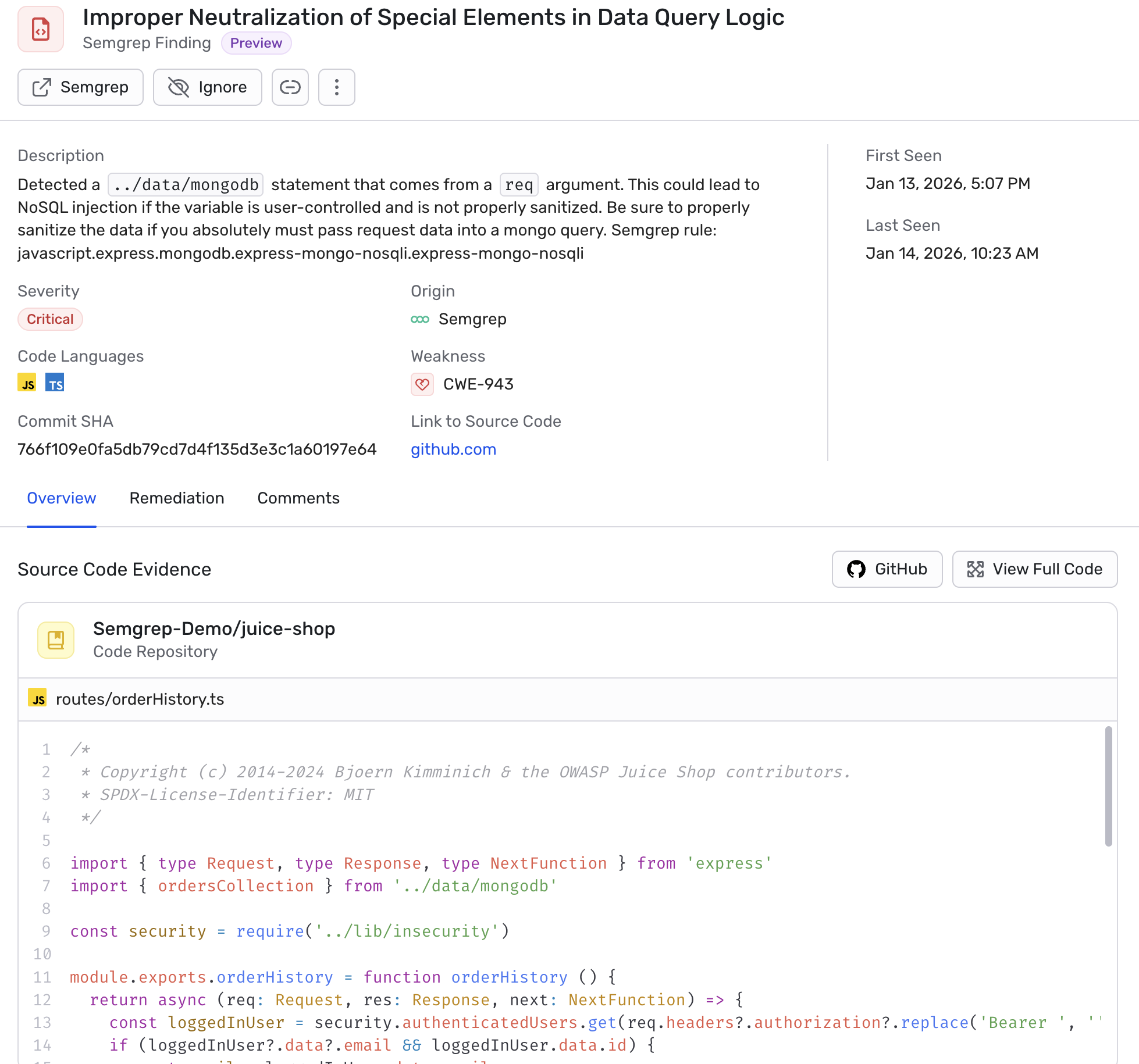 Detailed information for a finding sent by Semgrep to Wiz
